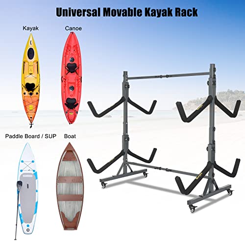 Bonnlo 4-Kayak Freestanding Storage Rack with Lockable Wheels & Adjustable Width