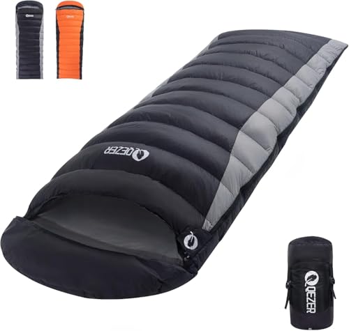 QEZER Grey Down Sleeping Bag for Adults, Lightweight Backpacking & Camping, 2.16 lbs