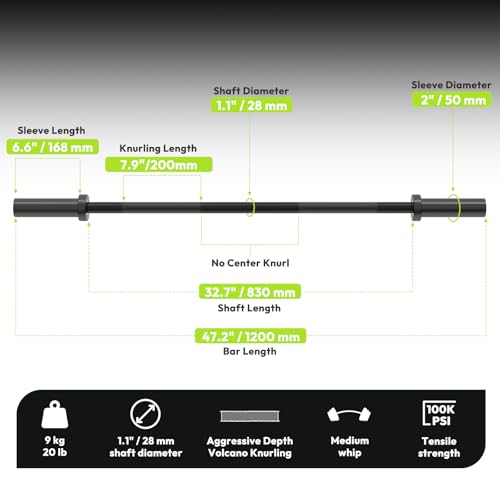 HANDBODE 4 ft Olympic Barbell Black 500 lb Capacity - Compact Weightlifting Bar