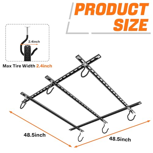 TORACK Ceiling Bike Rack for Garage - 3 Bikes Horizontal, Adjustable Overhead Bicycle Storage Hooks