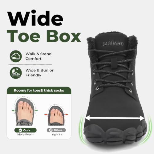 SAGUARO Winter Barefoot Boots for Adults - Water-Resistant, Wide Toe Hiking Shoes with Faux Fur Lining - Black, Size 10 Women / 9 Men