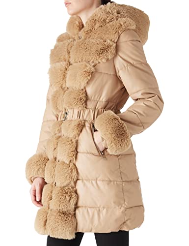 Women’s Winter Puffer Coat with Hood - Quilted Leather Jacket, Small Apricot Orange Buff - RISISSIDA