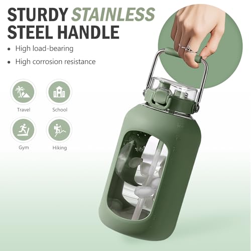100 oz Glass Water Bottle with Straw - Olive, Wide Mouth, Time Marker