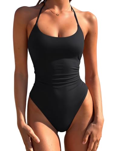 LASLULU Womens One Piece Swimsuit Halter Bathing Suit Medium Black