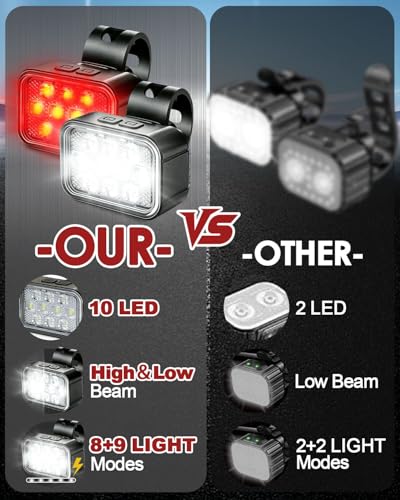 Black 10 LED Bike Light Set USB Rechargeable Front & Rear Bicycle Lights
