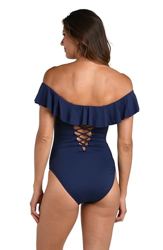 Women's Off Shoulder Ruffle One Piece Swimsuit - Island Goddess Indigo Variation 14