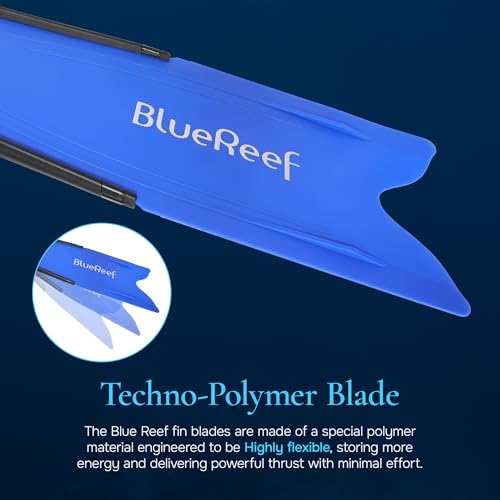 Blue Reef Freediving Fins - Full Foot Snorkel & Spearfishing Fins, Dark Blue, Size 45/46