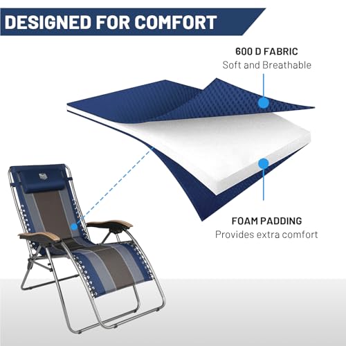 Timber Ridge Blue Oversized Zero Gravity Lounge Chair with Padded Seat & Cup Holder - Foldable Camping & Outdoor Recliner