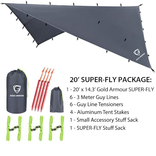 Gold Armour Waterproof Rainfly Tarp for Camping & Hammocks - Gray, 20ft x 14.3ft