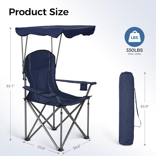 Heavy Duty Camping Chair with Canopy - Navy Blue 2-Pack, Adjustable Sunshade