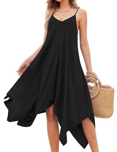 Chigant Women's Summer Dress - Medium Black Casual Spaghetti Strap Midi Cover Up