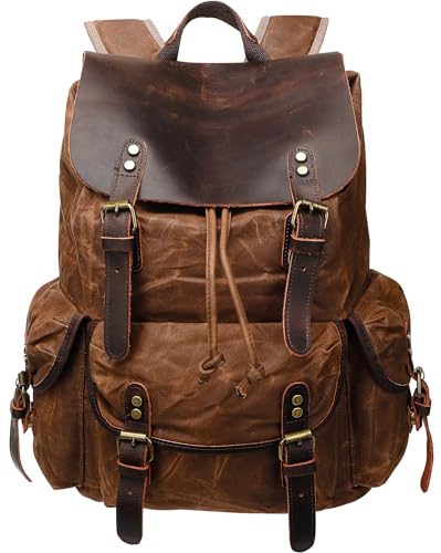 HuaChen Vintage Waxed Canvas Backpack XL Brown with Leather Flap - Water-Resistant Travel & Work Rucksack