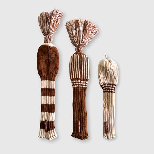 Wool Knit Golf Club Head Covers Set - Cream & Brown, MVP Logo