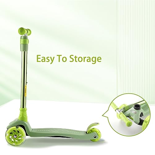 Kids 3 Wheel Scooter with Light Up Wheels, Adjustable Height, Sturdy Deck - Green