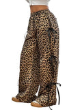 Verdusa Women's Y2K Bow Wide Leg Parachute Pants - Leopard Brown, Medium