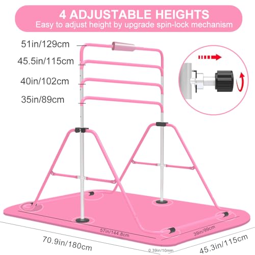 Kids Folding Adjustable Gymnastics Bar - Pink with Mat, Safe & Stable