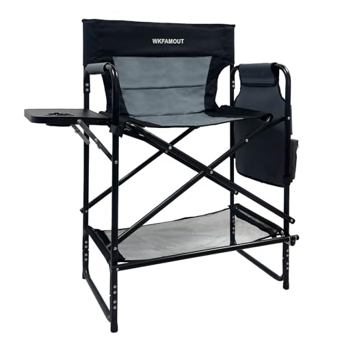 WKFAMOUT 27-Inch Tall Oversized Folding Camping Chair with Side Table, Heavy Duty Support 330LBS, Black/Grey, Seat Height 27"