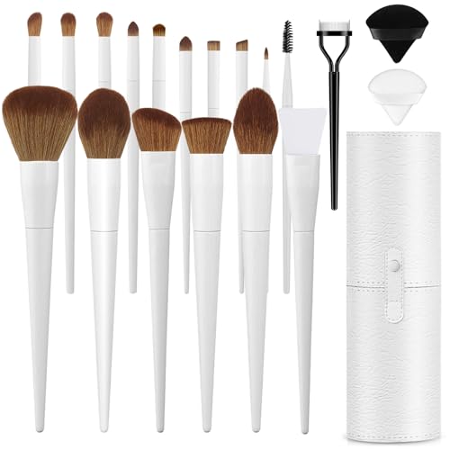 Pearl White Makeup Brush Set with Case - 20 Professional Brushes & Puffs