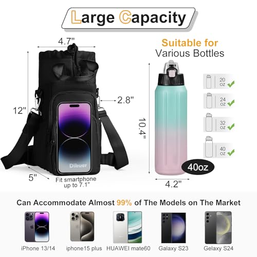 Black Crossbody Water Bottle Carrier Bag 32-40 oz with Phone Pocket - Dikuer