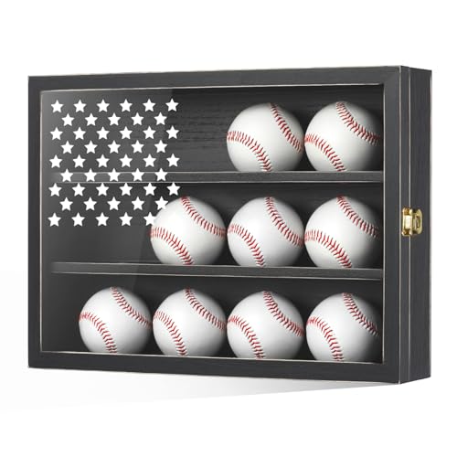 GYaozii Retro Baseball Display Case for 12 Balls with UV Protection Wood Frame - Black with Flag Detail