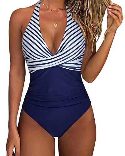 Women Sexy Tummy Control One-Piece Swimsuit Halter Push Up Bathing Suit - Medium, White Blue Striped