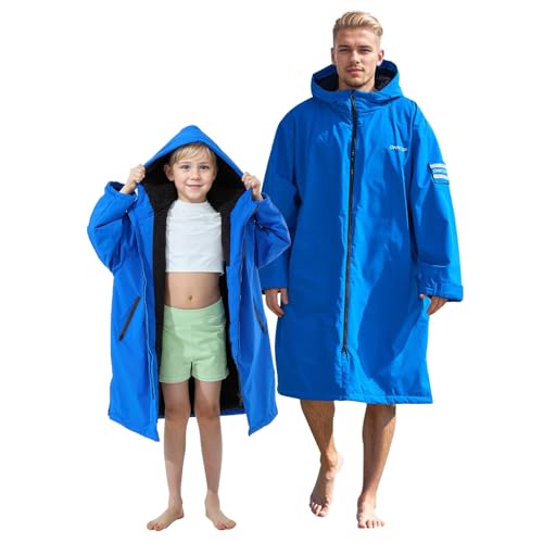 Owntop Kids & Adult Waterproof Sherpa Lined Surf Poncho - Oversized Hood & Velcro Patch - XX-Small Blue