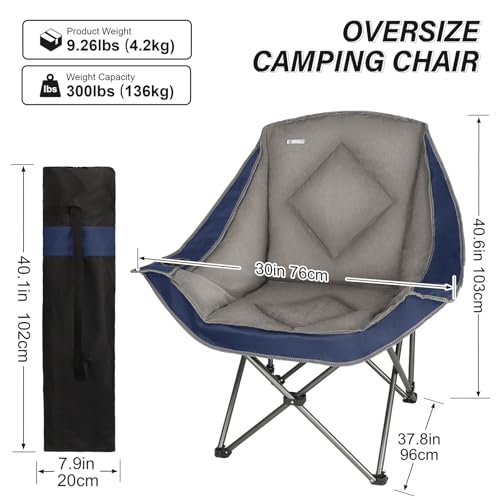 Oversized Portable Camping Chair with Cup Holder - Blue, Heavy Duty Padded Lawn Chair for Camping, Beach & Outdoor Use