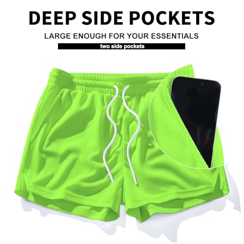Men's Mesh Running Shorts 3 Inch Quick Dry Gym Shorts with Pockets - Large Neongreen