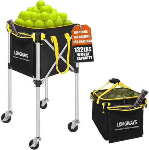 LOMGWAYS Yellow Foldable Pickleball & Tennis Ball Cart Holds 180 Tennis Balls