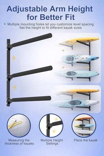 FitiRoker Heavy-Duty Kayak Wall Rack 200 lb Capacity, 3 Tier, Adjustable Support Arms