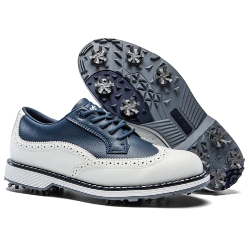 Men's Spiked Golf Shoes Water-Resistant Lightweight Sneakers - White & Blue, Size 10