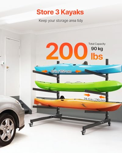 Heavy Duty Kayak Storage Rack for 3 Kayaks - Black, Adjustable & Lockable Wheels