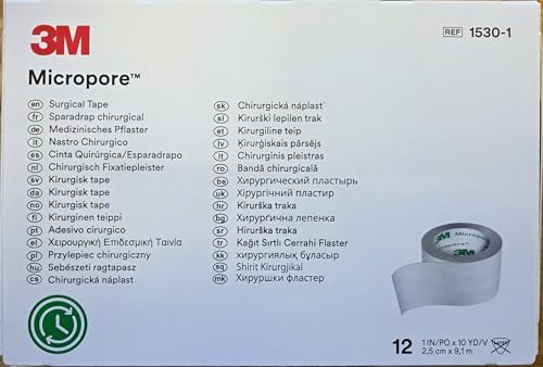 3M Micropore Surgical Tape White 1x10 Yards Pack of 12 - Hypoallergenic, Breathable, Gentle Skin