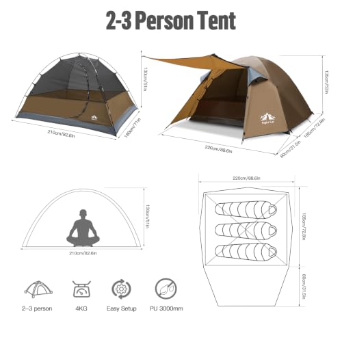 Night Cat Khaki Family Camping Tent for 2-3 Persons with Porch, Waterproof & Easy Setup