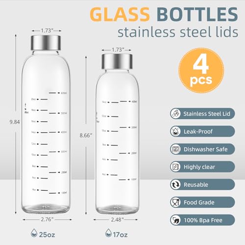17 oz Reusable Glass Water Bottles with Stainless Steel Lids - Pack of 4