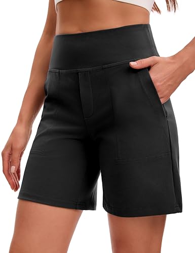 Women's Bermuda Shorts 7 Inch Inseam Athletic Long Shorts with Pockets - Black, Large