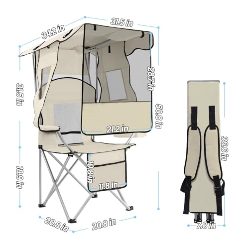 ptlsy White Portable Folding Camping Chair with Canopy Shade for Adults