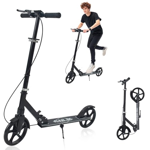 Black Dual Brake Kick Scooter with Adjustable Height & Wider Pedals for Kids, Teenagers & Adults