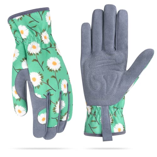 Women's Gardening Weeding Gloves - Leather Thorn-Proof Garden Gloves for Digging & Pruning - Bright Green Medium