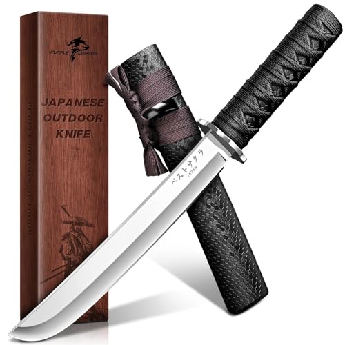 8.4 Inch Purple Dragon Japanese Fixed Blade Knife with Wooden Sheath - Samurai Knife