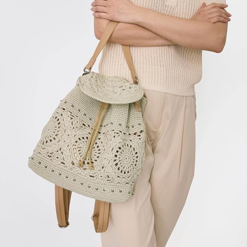 Natural Medallion Crochet Backpack for Women - Adjustable & Removable Straps