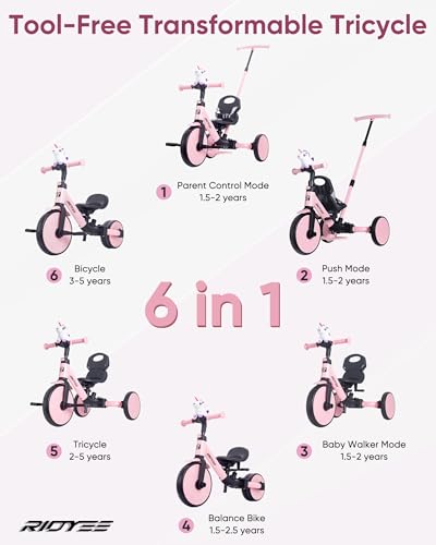 Toddler Tricycle 5-in-1 Kids Ride-On with Parent Steering Pink - Grow with Child