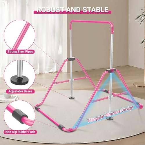Pink Foldable Kids Gymnastics Bar with 5-Height Adjustable Support for Home, Includes Rings