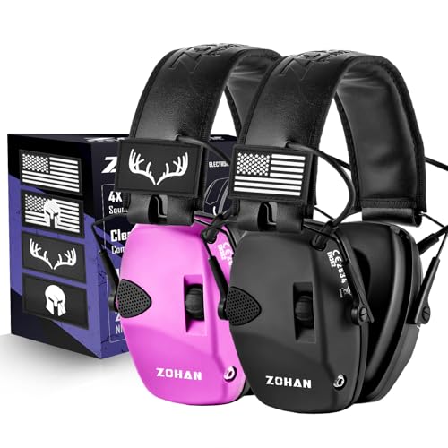 ZOHAN Electronic Shooting Ear Muffs with Patches, Ambient Sound Amplifier, NRR 23dB, Black & Purple