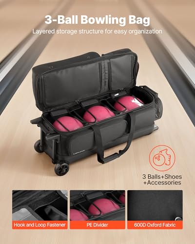 VEVOR Black Bowling Ball Bag for 3 Balls with Wheels & Shoe Compartment - Double Roller