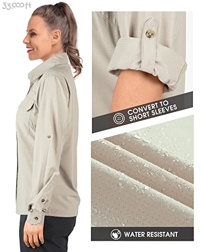 Women's UPF 50 Sun Protection Shirt Long Sleeve Outdoor Fishing Hiking Safari - Medium Light Khaki