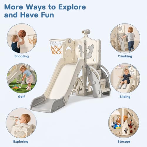 BIERUM 6-in-1 Toddler Playground Slide Set with Basketball Hoop & Telescope, White & Gray
