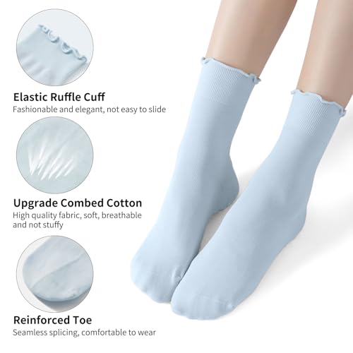 Blue Women Pilates Socks with Non-Slip Grips, Ruffled Cuff - 3 Pairs