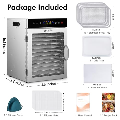 12-Tray Food Dehydrator with Digital Control, 1000W, Quiet Stainless Steel