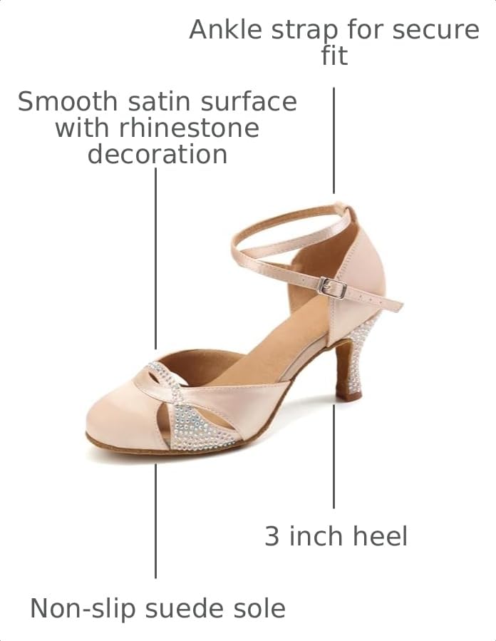 Women Rhinestone Latin Dance Shoes Ballroom Heels - 7.5 Beige, 7.5cm Heel